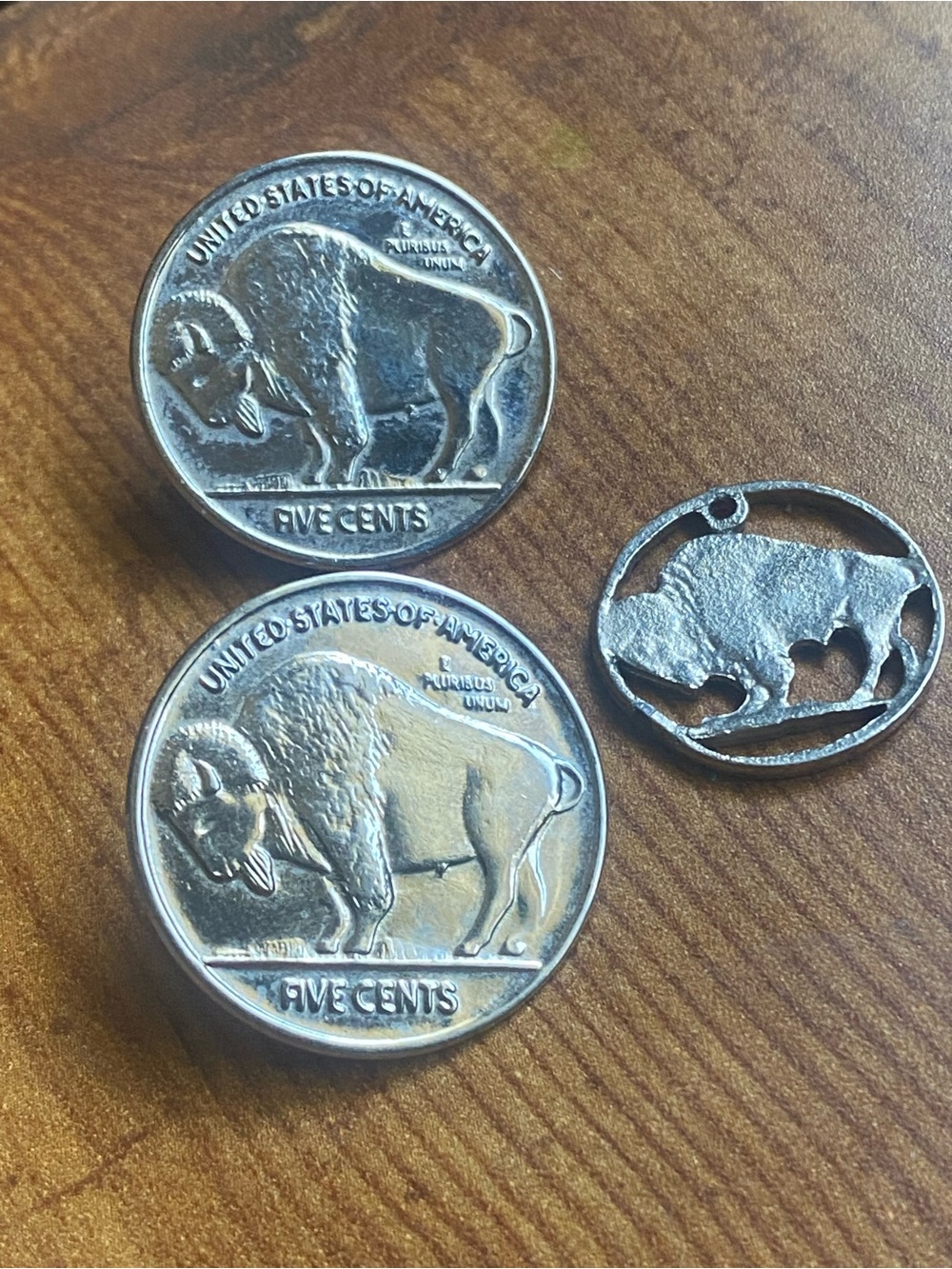 Buffalo Nickel Earrings and open work charm/small pendant - Silver-Tone Coins